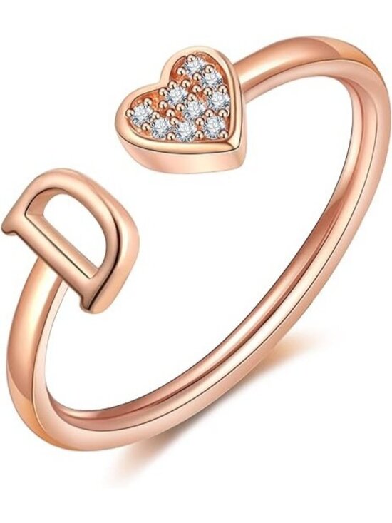 10k Solid Gold Yellow & Rose Gold Heart CUSTOMIZED Initial  Letter D Rose Gold Heart Initial Ring Silver Rose Gold Plated Ring